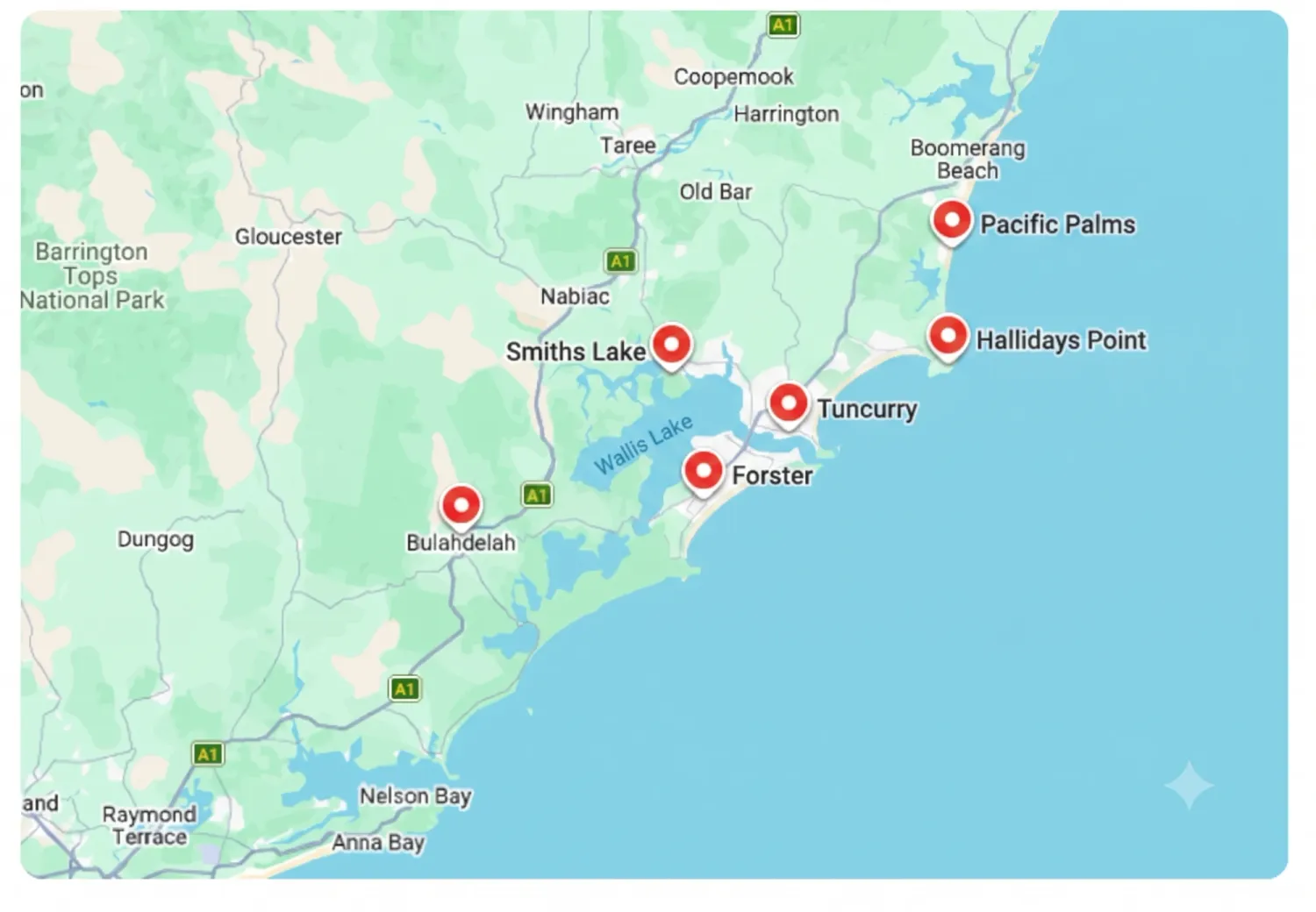 Map of the Sam Allan Electrical service area on the NSW Mid North Coast, Bulahdelah to Hallidays Point